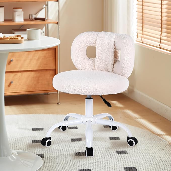Modern Faux Cashmere Home Office Chair, Height Adjustable Desk Chair with Back and Wheels for Living Room, Swivel Make-up Vanity Armless Chairs for Girls and Women (1, Cream)