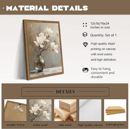 Framed Flower Canvas Wall Art, White Magnolia Branch in Vase Poster Prints, Elegant Nature Still Life Botanical Artwork, Modern Minimalist Wall Decor for Living Room Bedroom Bathroom 12x16in