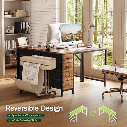 PRAISUN 39.4 Inch Computer Office Desk with Power Outelts and USB-C Port, Reversible Gaming Desk with 4 Fabric Drawers, Work Study Desk Work from Home, Rustic Brown