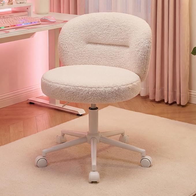 Homkdom Cute Vanity Chair with Wheels Comfy Desk Chair with Back Height Adjustable & 360° Swivel for Makeup, Study, or Light Office Work, White