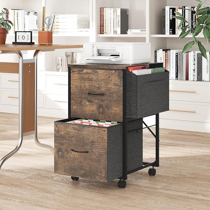 VINGLI 2 Drawer File Cabinet with Side Bag, Rolling Mobile Under Desk with Wheels, Fabric Drawers Printer Stand for Home Office, Fits Letter Size, Rustic Brown