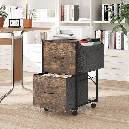 VINGLI 2 Drawer File Cabinet with Side Bag, Rolling Mobile Under Desk with Wheels, Fabric Drawers Printer Stand for Home Office, Fits Letter Size, Rustic Brown