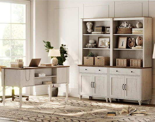 WAMPAT Home Office Furniture Set, 56" Executive Desk with Charging Station, 72" Tall Bookcase with 4 Wooden Doors, Wood Computer Desk with File Cabinet Storage, Open Shelf, Rustic White