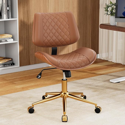 Home Office Desk Chair with Swivel Wheels, Mid-Century Modern PU Leather Armless Office Chair, Small Mid Back Computer Chair for Home Office, Meeting Room