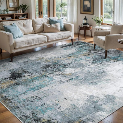 Ciicool Modern Abstract Rug for Living Room, 5'x7' Machine Washable Soft Area Rug Non-Slip Rug, Low-Pile Contemporary Indoor Dining Floor Carpet for Bedroom Office Under Table Home Decor Teal Gold