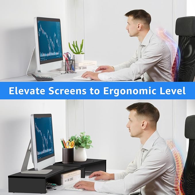 La Jaco Dual Monitor Stand Riser for 2 Monitors, Monitor Stand for Desk, Adjustable Length & Swivel Angle Wooden Desktop Organizer Stand Riser with Smartphone Holder for PC Monitor Laptop, Black