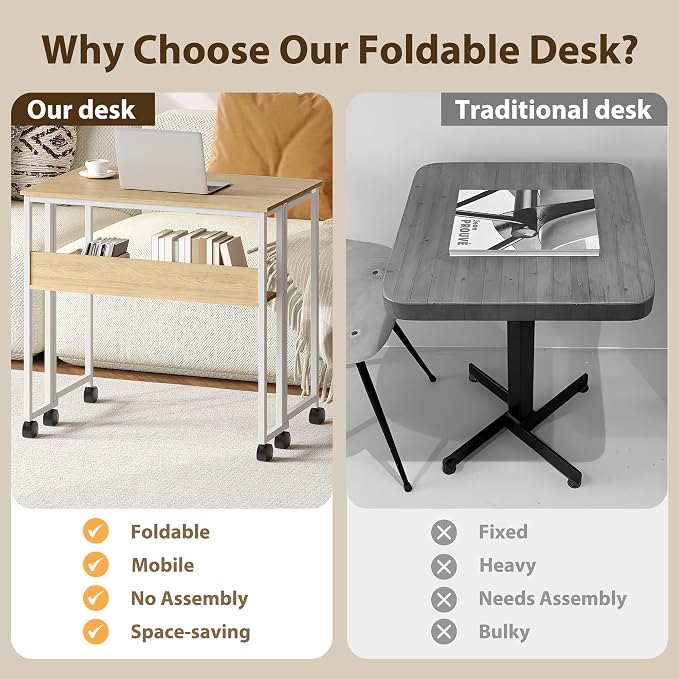 Garvee Folding Desk Small Rolling Desk with Storage Shelf,31.5 Inch Foldable Computer Table for Small Spaces, Space Saving Sofa Table with Wheels for Home Office, Study, Easy Assembly,