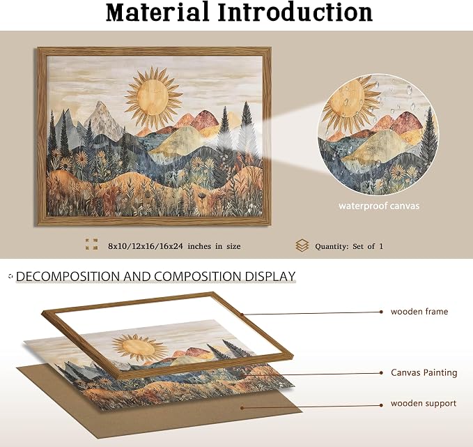 Framed Boho Sun Canvas Wall Art, Modern Abstract Mountain Landscape Painting, Southwestern Sun Poster Picture Print, Boho Floral Aesthetic Wall Decor for Bedroom Home Office 8x10 inch