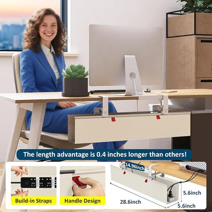 28" Small Under Desk Cable Management Tray No Drill, Compact Clamp On Cord Organizer for Dorm & Small Desk, Anti-Sag Oxford Fabric Wire Hider, Power Strip Holder (Beige, 28.6")