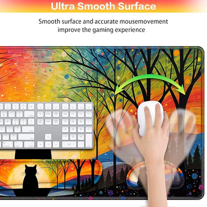 Mouse Pad with Wrist Rest Black Cat, 4-in-1 Large Mousepad+Keyboard Wrist Rest+Mouse Pad Wrist Support+Cup Pad Set,Ergonomic Mousepad,Memory Foam Desk Mat for Home Office Gaming(35.4×15.7in)