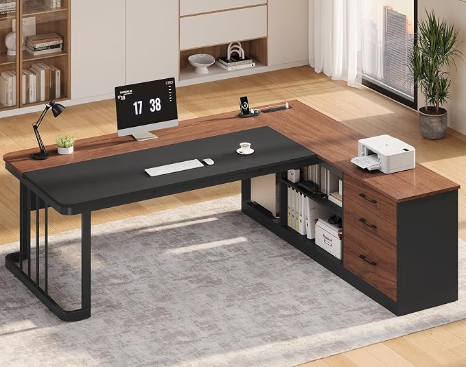 UPOSOJA 71" Executive Desk, Large Office Desk with Drawers & Storage Shelves, Modern L Shaped Computer Desk Corner Desk with Power Outlets, File Cabinet, Business Furniture Desk Workstation (Walnut)