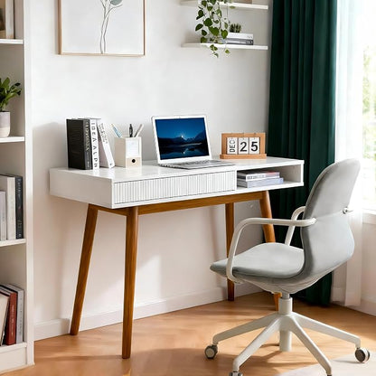 Artswish White Desk with Drawer, Mid Century Modern Writing Desk for Home Office, Small Computer Desk with Storage Shelf & Cable Management Hole, Wood Study Desk for Bedroom, Apartment, Dorm