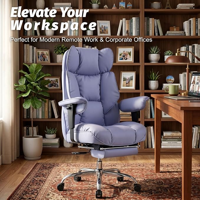 Efomao Executive Office Chair 400lbs,Purple Big and Tall Desk Chair | Mattress-grade pocket spring cushion, sleek leather, 135° recline & footrest for computer gaming setup.