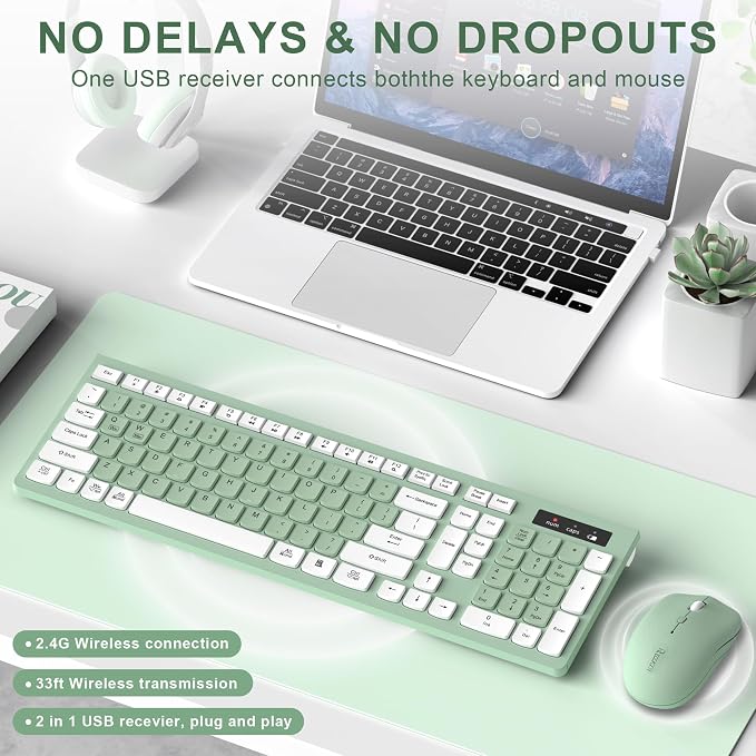 Wireless Keyboard and Mouse Combo, 2.4G Full Size Silent Keyboard with Fn Multimedia Keys for Office and Home, 3-Level DPI Adjustable Quiet Mouse for Windows,Mac OS Desktop/Laptop/PC(Avocado Green)