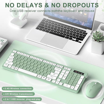 Wireless Keyboard and Mouse Combo, 2.4G Full Size Silent Keyboard with Fn Multimedia Keys for Office and Home, 3-Level DPI Adjustable Quiet Mouse for Windows,Mac OS Desktop/Laptop/PC(Avocado Green)