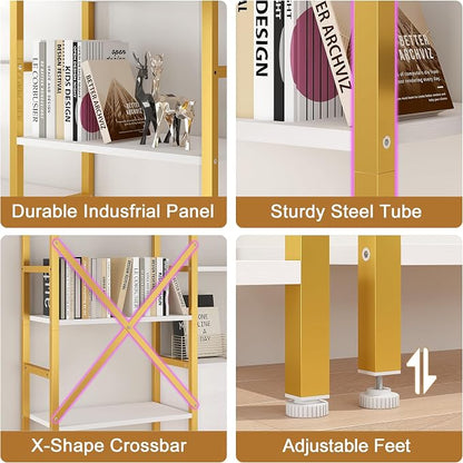 Yusong Bookshelf Triple Wide 5 Tier Bookcases with Storage Cabinet, Industrial Large Modern Tall Bookshelves with 12 Open Display Shelves for Living Room Office Bedroom, White and Gold