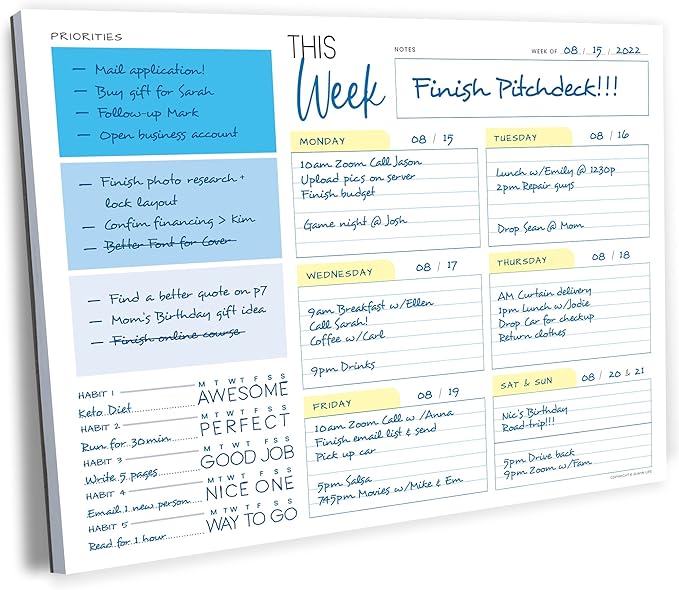 Weekly Planner Pad - Undated Planner - To Do List Notepad - Habit Tracker - 11 x 8.5" - 52 Tear-Off Sheets - Daily Planner Undated for Home Work Office Business - Goal Planner - Cute Planner (Blue)
