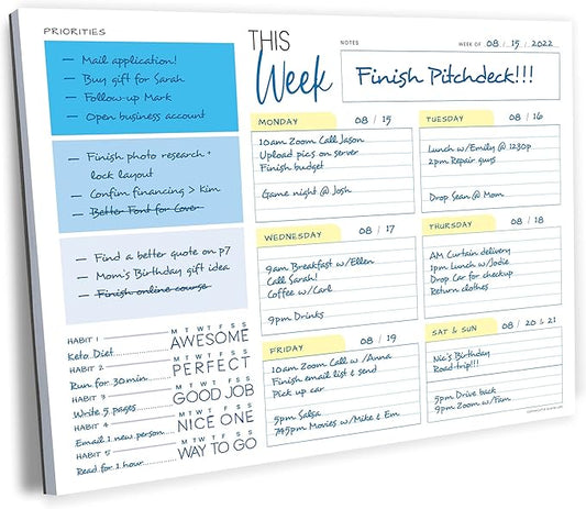 Weekly Planner Pad - Undated Planner - To Do List Notepad - Habit Tracker - 11 x 8.5" - 52 Tear-Off Sheets - Daily Planner Undated for Home Work Office Business - Goal Planner - Cute Planner (Blue)