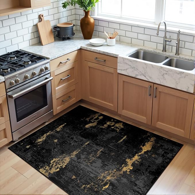RELEANY Washable Area Rugs 3'x5' Non-Slip Modern Abstract Soft for Living Room Entryway Bedroom Kitchen, Print Pattern, Dark Black Gold