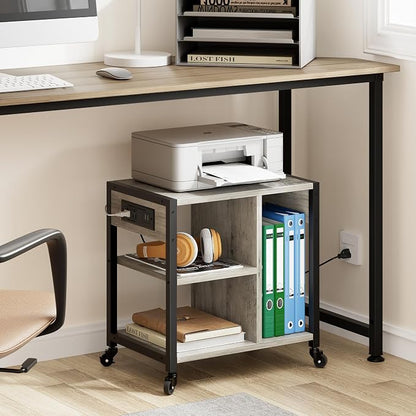 GarveeLife Small Printer Stand with Power Outlets, Rolling Printer Table with Lockable Wheels, Under Desk Printer Cart with Storage, Utility Storage Cart for Home, Office, Gray