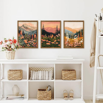 WRFON Botanical and Flower Canvas Wall Art, Framed Mountain Landscape Wall Art Set of 3, Wildflower Meadow Canvas Print, Rustic Nature Decor for Living Room Bedroom Cabin Lodge Farmhouse Decor, 12x16
