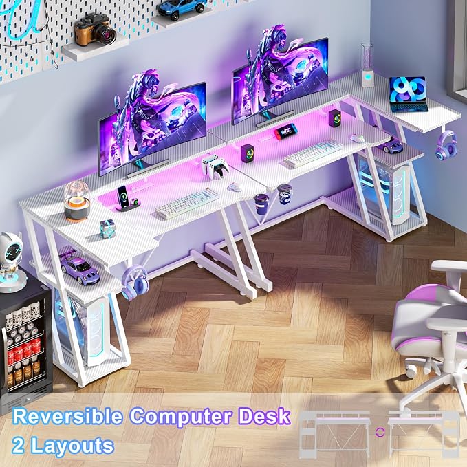 Korfile 40 Inch Gaming Desk with Power Outlet & LED Lights, L Shaped Computer Gaming Table with 3 Tiers Storage Shelves, Corner Gamer Desk with Monitor Stand for Small Space, Carbon Fiber White