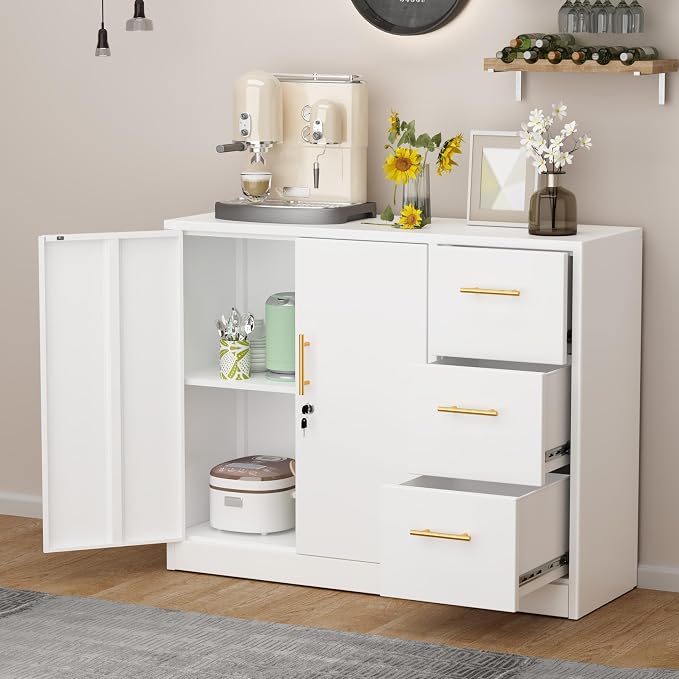 GAIOUS Metal Sideboard Buffet Cabinet, Storage Cabinets with 3 Drawers and Shelf, White Locking Steel File Storage Cabinet, Kitchen Cabinet Cupboard Pantry for Office Dining Living Room Kitchen Garage