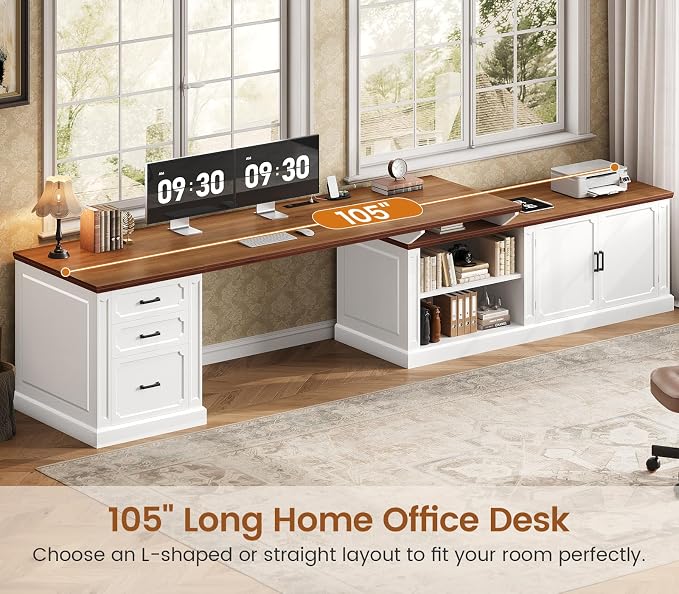 SEDETA Farmhouse L Shaped Desk with Drawers, 70.9" Home Office Desk with Storage Cabinet and Storage Shelves, L Shaped Computer Desk with Power Outlet，White+Brown