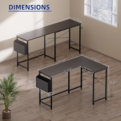 Pamray 47 Inch Reversible L Shaped Gaming Desk Corner Computer Desk with Storage Bag Home Office Table for Writing Study Brown