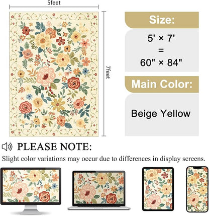 DUKINO 5x7 Area Rug, Floral Rugs for Living Room, Lightweight Non Slip Washable Rug, Indoor Low Pile & Non-Shedding Boho Design Rugs for Bedroom, Living Room, Dining Room, Beige Yellow