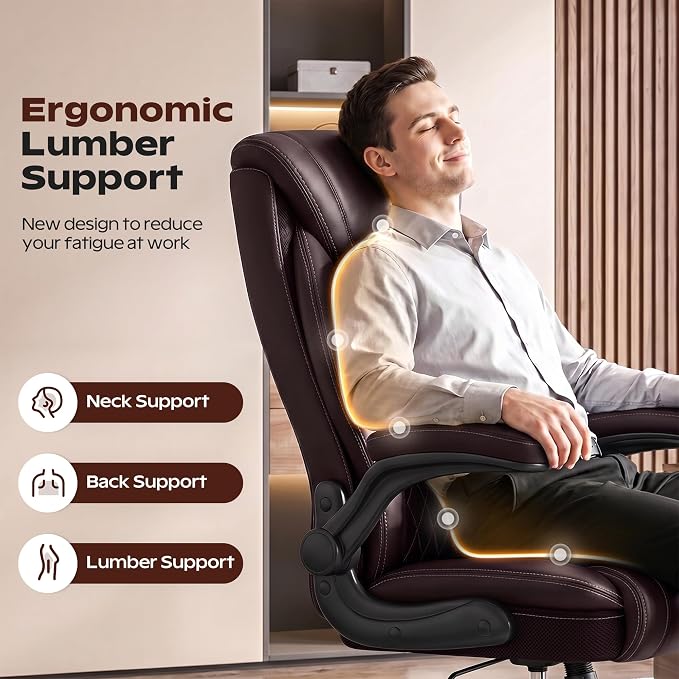 Office Chair, Ergonomic High Back Home Office Desk Chair, Big and Tall Breathable Leather Office Chair with Lumbar Support Flip-Up Armrests, Computer Chair with Rocking Function