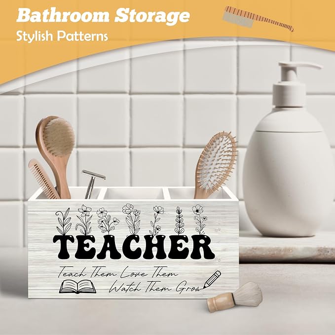 Teacher Pen Holder Organizer for Desk Accessories, Floral Themed Wooden Box Sign Desk Decorations for Office Classroom Tabletop, Graduation Teacher Appreciation Gifts for Women Men Teachers