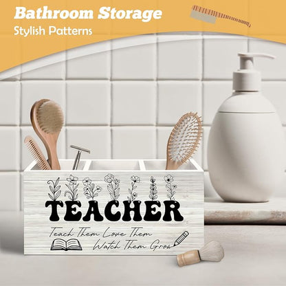 Teacher Pen Holder Organizer for Desk Accessories, Floral Themed Wooden Box Sign Desk Decorations for Office Classroom Tabletop, Graduation Teacher Appreciation Gifts for Women Men Teachers
