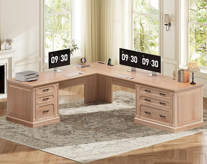 SEDETA Farmhouse 78.8" L Shaped Desk with 6 Drawers, Home Office Desk with Power Outlet, File Cabinet Storage, Wood Corner Computer Desk for Work and Study, Oak
