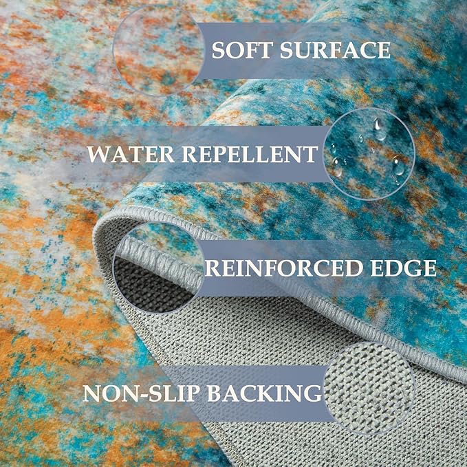 RELEANY Washable Area Rugs 8'x10' Non-Slip Modern Abstract Soft for Living Room Entryway Bedroom Kitchen, Print Pattern, Teal Blue Green Orange Rust Red Coloreful