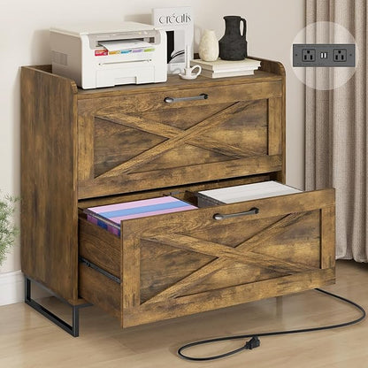 Halitaa File Cabinet 2 Drawers Lateral File Cabinet with Charging Station for Letter/Legal/A4 Size Hanging Files, Large Wood File Storage Cabinets Printer Stand for Home Office, Brown
