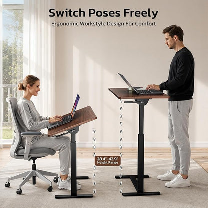 Mobile Standing Desk Adjustable Overbed Table, Pneumatic Height Adjustable Rolling Laptop Desk with Hidden Wheels, 0-180°Tilt Top Rolling Computer Cart Foldable for Home Office, Craft & Study, Brown