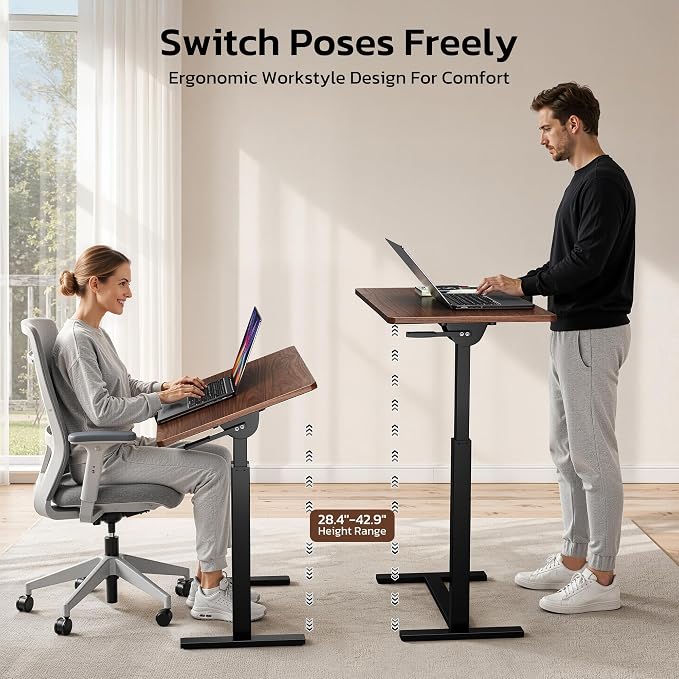 Mobile Standing Desk Adjustable Overbed Table, Pneumatic Height Adjustable Rolling Laptop Desk with Hidden Wheels, 0-180°Tilt Top Rolling Computer Cart Foldable for Home Office, Craft & Study, Brown