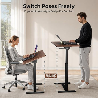 Mobile Standing Desk Adjustable Overbed Table, Pneumatic Height Adjustable Rolling Laptop Desk with Hidden Wheels, 0-180°Tilt Top Rolling Computer Cart Foldable for Home Office, Craft & Study, Brown