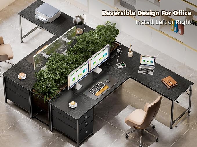 Furologee 63" L Shaped Desk with Power Outlets & USB-C Port, Reversible Corner Computer Desk with 3 Fabric Drawers, Hooks, Large Home Office Desk for Gaming, Writing, Work, Black
