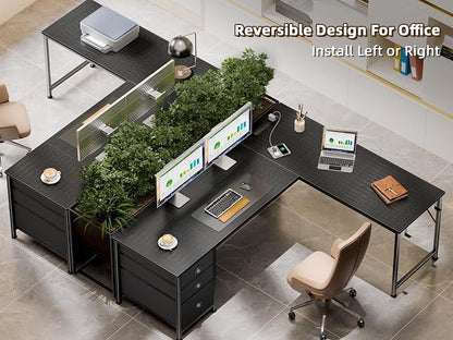 Furologee 63" L Shaped Desk with Power Outlets & USB-C Port, Reversible Corner Computer Desk with 3 Fabric Drawers, Hooks, Large Home Office Desk for Gaming, Writing, Work, Black