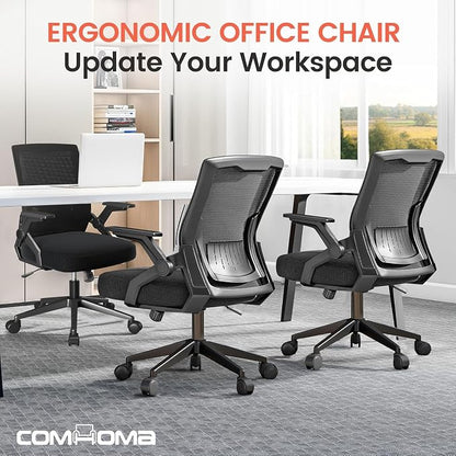 COMHOMA Office Chair with Flip-up Armrests Ergonomic Computer Desk Chair with Adaptive Lumbar Support & Breathable Mesh, Black, Pack of 2