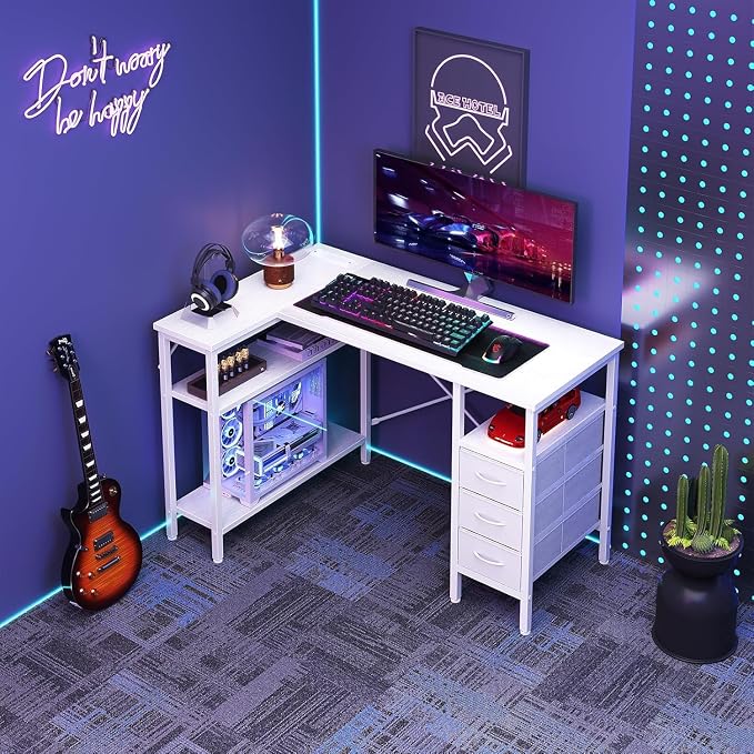Alpen L Shaped Gaming Desk with Power Outlets, 47 Inch Computer Desk with 3 Drawers and Shelves, Corner Desk for Gaming, Study Writing PC Table with Storage and Reversible Shelf, White
