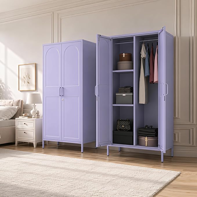 Lockable Metal Wardrobe Closet with Hanging Rod and 3 Adjustable Shelves,67" Metal Storage Cabinet with 2 Doors,Steel Armoire Wardrobe Closet for Bedroom Living Room Cloak Room (Purple)