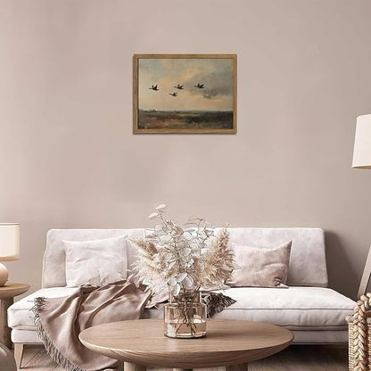 Framed Flying Ducks Canvas Wall Art, Rustic Countryside Landscape Painting, Vintage Birds Poster Print, Modern Farmhouse Ducks Wall Decor for Living Room Bedroom – 8x10 inch