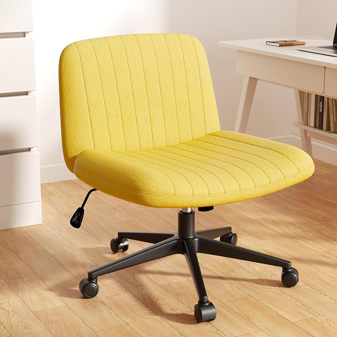 Criss Cross Chair with Wheels, Cross Legged Office Chair, Armless Office Chairs Adjustable Height Swivel Tilting Fabric Vanity Chairs for Home Bedroom (Yellow)