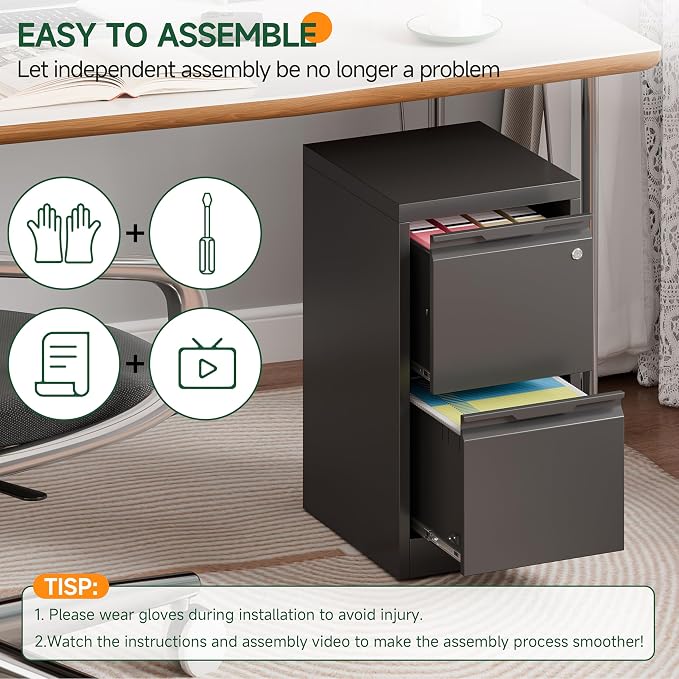 2 Drawer File Cabinet with Lock, Filing Cabinets for Home Office | Small File Cabinet Under Desk, Lockable File Cabinet, Metal File Cabinet for Letter/Legal/A4/F4 Size, Assemble Required