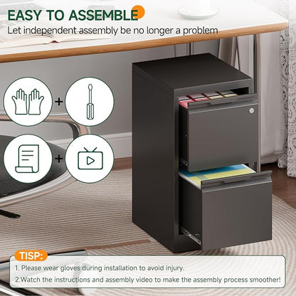 2 Drawer File Cabinet with Lock, Filing Cabinets for Home Office | Small File Cabinet Under Desk, Lockable File Cabinet, Metal File Cabinet for Letter/Legal/A4/F4 Size, Assemble Required