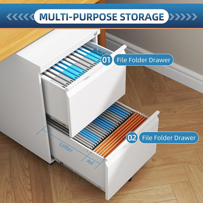 File Cabinet with Lock, 2 Drawer Mobile File Cabinet with Wheels, Metal Vertical File Cabinets for Home Office, Rolling Filing Cabinets Under Desk Storage for Letter/Legal/A4 Files