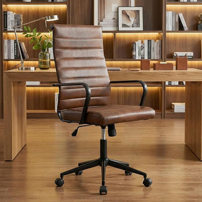 Okeysen Leather Office Desk Chair, Mid-Century Modern Leather Conference Room Chairs, Ergonomic Executive Ribbed Height Adjustable Swivel Rolling Chair for Home Office.